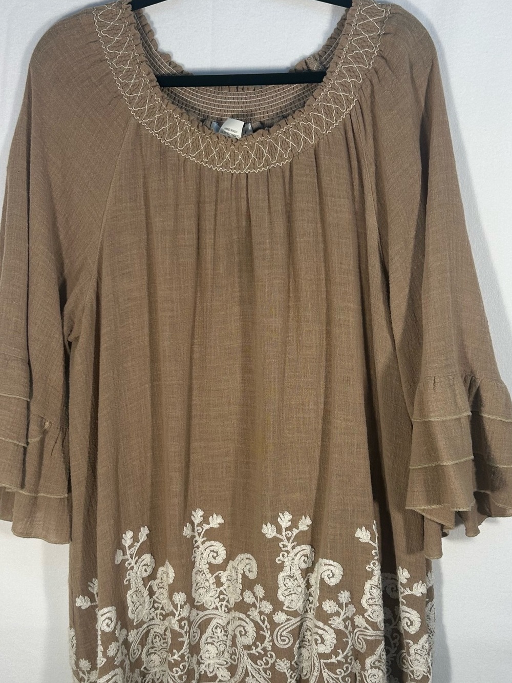 Boho Embroidered Taupe Tunic with Smocked Neckline